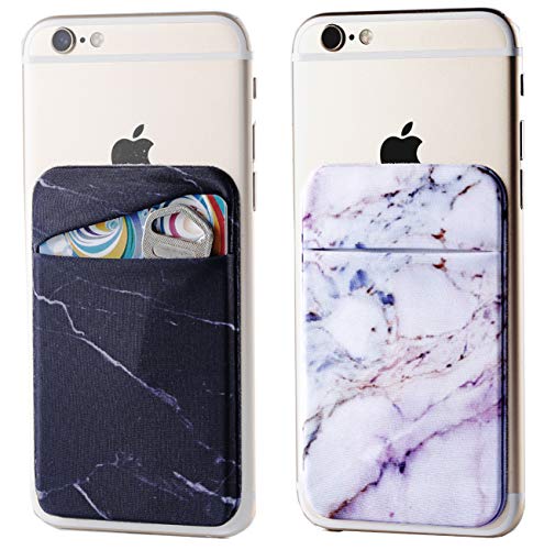 2Pack Marble Adhesive Phone Pocket,Cell Phone Stick On Card Wallet Sleeve,Credit Cards/ID Card Holder(Double Secure) with Sticker for Back of iPhone,Android and All Smartphones-Black&Purple Marble - color: Black Marble,Purple Marble