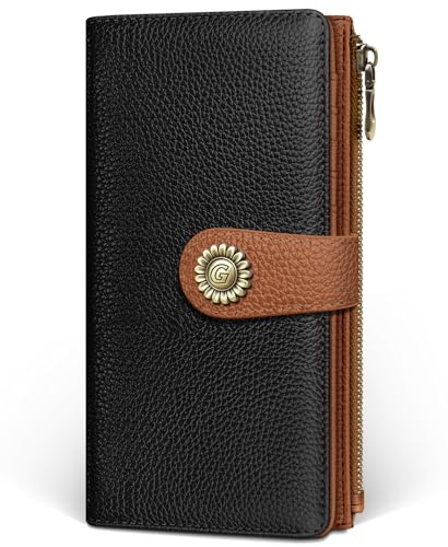 GIANCOMICS Black Caramel Womens Wallet RFID, Long Credit Card Holder Bifold | Billfold, Cute Cash Purse, Travel Zipper Coin Pocket, Compact Clutch, PU Leather, ID Window, 11 Card Slots, Ladies Gift Woman - color: A Black and Pumpkin