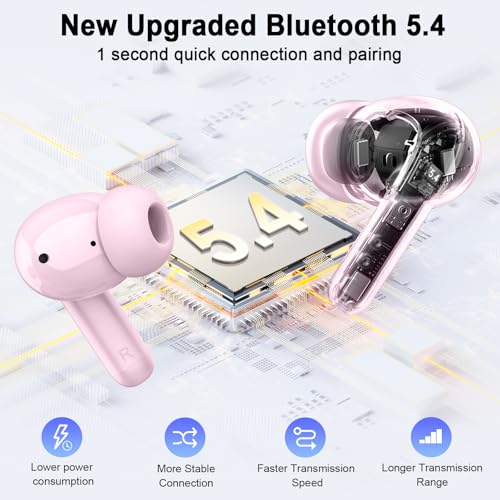 Bluetooth 5.4 Earbuds, 2026 Wireless Headphones 3D-Stereo Deep Bass Ear Bud, 4 ENC Noise Cancelling Mic, 40+Hrs USB-C Earphones, IP-X7 Waterproof Headset Sport Gym Workout for Laptop Pad Android iOS - color: C-Pink