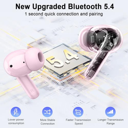 Bluetooth 5.4 Earbuds, 2026 Wireless Headphones 3D-Stereo Deep Bass Ear Bud, 4 ENC Noise Cancelling Mic, 40+Hrs USB-C Earphones, IP-X7 Waterproof Headset Sport Gym Workout for Laptop Pad Android iOS - color: C-Pink