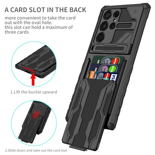 for Samsung Galaxy S22 Ultra Wallet Case with Card Holder, Black | Detachable Card Holder, Built-in Kickstand, with Screen Protectors - Soft 2 Pack, Military Grade, Full Body Shockproof - size: for Galaxy S22 Ultra - 6.8''