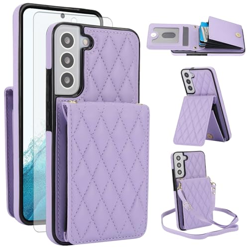 Phone Case for Samsung Galaxy S22 5G Wallet Cover with Tempered Glass Screen Protector Credit Slot Card Holder Crossbody Strap Stand RFID Blocking S 22 22S 4G G5 6.1 inch Women Men Girls Purple - color: Light Purple