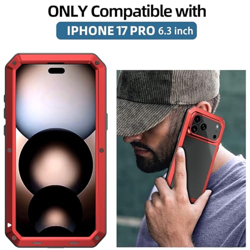 Compatiable with iPhone 17 Pro Case,360 Full Body Protective Cover Heavy Duty Shockproof [Tough Armour] Aluminum Alloy Metal Case with Silicone Built-in Screen Protector - Red - color: Red