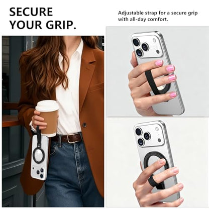 Dual-Side Magnetic Ring Holder with Silicone Strap,for MagSafe Magnet, 360 Rotation Adjustable Kickstand for iPhone 17/16/15/14/13/12 Air/Pro/Pro Max, Pixel 10,Galaxy S25 S24 (H-01 Black) - color: Black-01