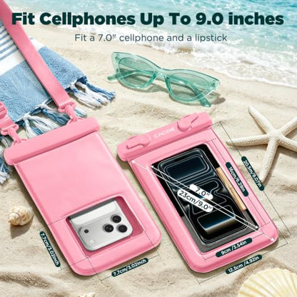 CACOE Floatable Waterproof Phone Pouch 2 Pack Up to 9.0", Black+Pink | Floatable, IPX8 Waterproof Phone Case,Adjustable Lanyard,Dry Bags for Beach/Cruise/Travel/Camping/Kayak/Vacation Essentials - color: Black+Pink#1, size: Up to 9.0"-Floatable