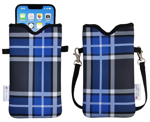 Tainada Neoprene Phone Pouch w/Crossbody, Neck Lanyard (Blue Gray Plaid) | For Men/Women. Compatible with iPhone 17/16 Pro Max, Air, 16e, 16/15 Plus; Samsung S26/S25, A57/56; Moto Razr Ultra, G Stylus - color: Blue Gray Plaid