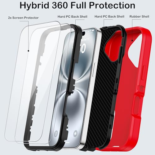 for iPhone 16 Case with Screen Protector, Heavy Duty Shockproof Drop Protection Military Grade Tri-Layer Full Covered Rugged Durable Cell Phone Cover with Built-in Invisible Kickstand 6.1“ (Red) - color: Red