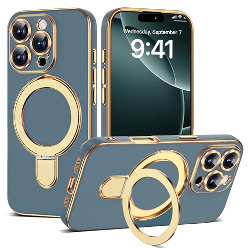 Compatible with iPhone 16 Pro Case with Magnetic Ring Stand [Compatible with Mag-Safe] [Full Camera Lens Protector] Soft Plating Phone Case for iPhone 16 Pro 6.3", Grey Blue - color: Grey Blue, size: Iphone 16 Pro