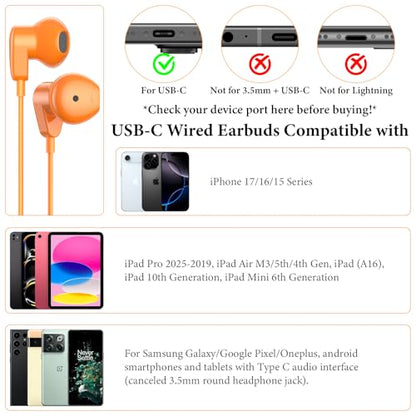 APETOO USB C Headphones for iPhone 18 Pro Max 17 16 15/iPad Air Earbuds - color: Orange