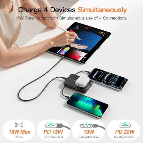 Magnetic Portable Charger 10000mAh, 22.5W Power Bank with Built in Cable - color: red
