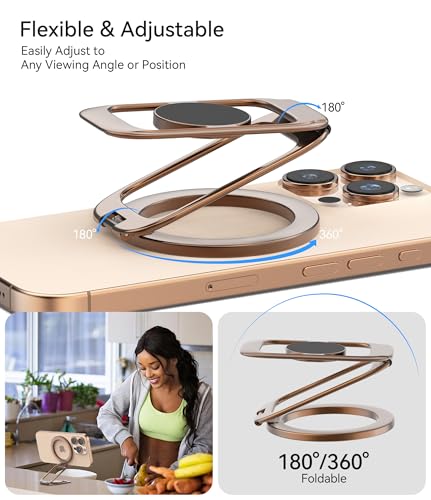 Magnetic Phone Ring Holder for MagSafe Phone Grip & Kickstand, Strong Dual-Sided Magnets Compatible with MagSafe Car Mount for iPhone 17/16/15/14/13/12 Pro Max and Android Phone Cases (Gold) - color: Gold