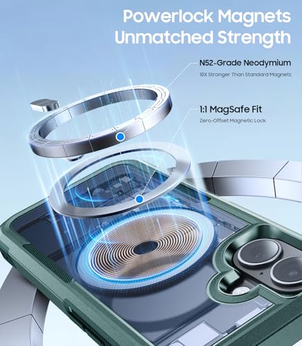 Magnetic for iPhone 16 Case Rugged Dual-Layer Shockproof Green | Military-Grade Heavy Duty Protection, Fit for Magsafe, Matte Finish Scratch Resistant Anti-Fingerprint, Anti-Slip Phone Cover - color: Green