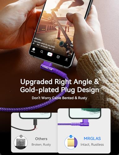 MRGLAS USB A to USB C Cable 3.2A 2-Pack [90°, Gold-Plated] 6.6+6.6F - color: Purple, size: 6.6FT+6.6 FT