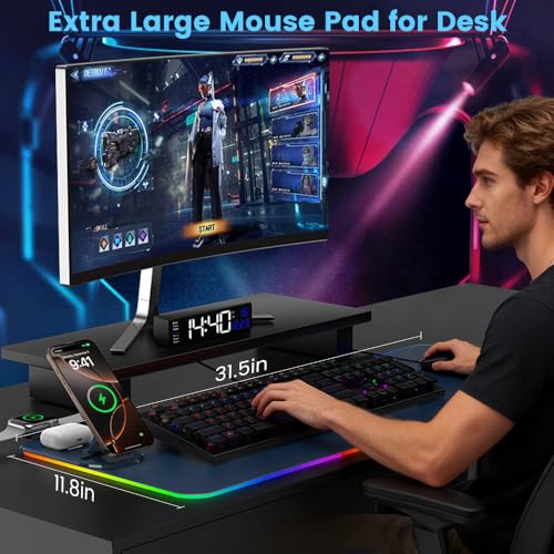 3 in 1 Mouse Pad with Wireless Charging, 31.5"x11.8" Mouse Pad RGB with Magnetic Wireless Charging,15 Light Modes,Non-Slip Base,Waterproof Keyboard Pad, Black
