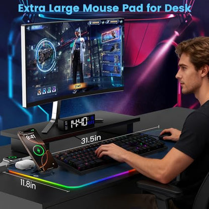 3 in 1 Mouse Pad with Wireless Charging, 31.5"x11.8" Mouse Pad RGB with Magnetic Wireless Charging,15 Light Modes,Non-Slip Base,Waterproof Keyboard Pad, Black