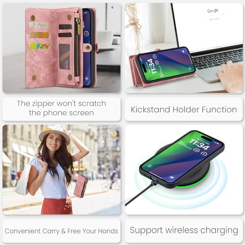 Compatible with iPhone 15 Wallet Case with Magsafe,Pink | Magnetic Detachable Case,Card Holder,Zipper Pocket,Strap Wristlet, Soft Leather Drop-Proof Phone Case for iPhone 15 6.1" - color: Pink, size: iPhone 15 6.1"