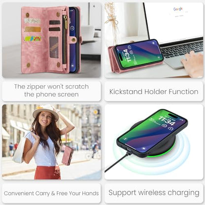Compatible with iPhone 15 Wallet Case with Magsafe,Pink | Magnetic Detachable Case,Card Holder,Zipper Pocket,Strap Wristlet, Soft Leather Drop-Proof Phone Case for iPhone 15 6.1" - color: Pink, size: iPhone 15 6.1"