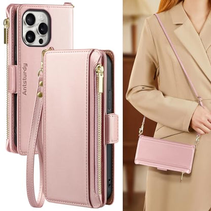 Antsturdy Crossbody Phone Wallet Case for iPhone 14 Pro,Rose Gold | RFID Blocking,PU Leather Flip Cover,Kickstand,with Credit Card Holder,Wrist Strap Lanyard & Handbag Purse,for Women & Men - color: (Crossbody) - Rose Gold