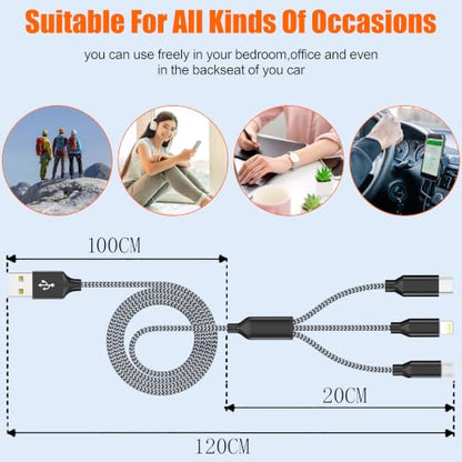 3 in 1 Multi Charging Cable 4ft 2Pack,MFi Certified fast charger cord - color: Grey/Black-4ft