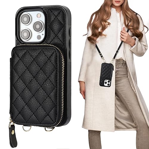 Bocasal Crossbody Wallet Case Card Holder for iPhone 15 Pro, Black | RFID Blocking PU Leather Zipper Handbag Purse, Kickstand Flip Folio Case with Card Slots Holder Wrist Strap Lanyard 6.1 Inch - color: Black