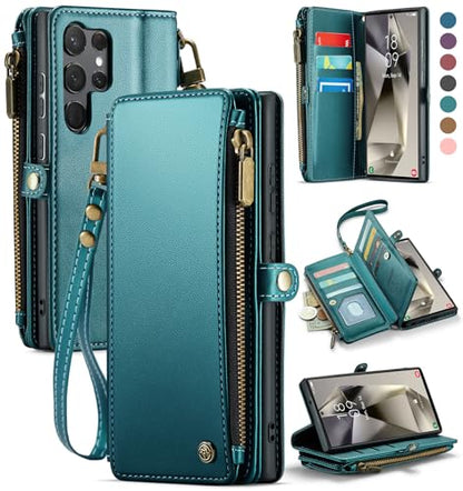 Defencase for Samsung Galaxy S23 Ultra Wallet Case with Card Holder, Green | Durable PU Leather, with RFID Blocking Zipper Pocket, Wrist Strap, S23 Ultra Flip Phone Cases Cover with Stand for Women Men - color: Fashion Blue Green