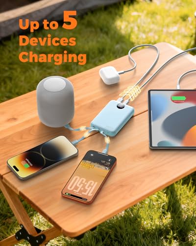 Portable Charger 10000mAh with 4 Built-in Cables 40% Smaller - color: Light Blue