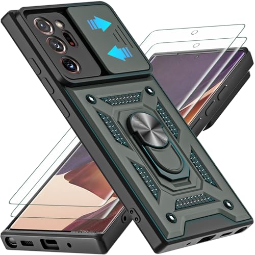 for Galaxy Note 20 Ultra Case, with Self Healing Flexible TPU Screen Protective [2 Pack] & Slide Camera Cover, 360°Rotation Ring Kickstand [Military Grade] Case. (Green) - color: N-Green