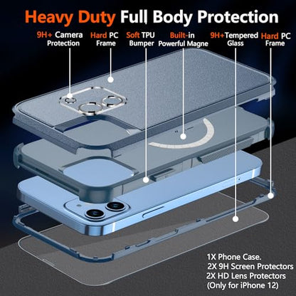 Diverbox for iPhone 12 case,iPhone 12 Magnetic case [with Screen Protector and Camera Lens Protector ] 2 Pack [15 FT Military Grade Drop Protection] Heavy Duty Shockproof Phone Case (Blue) - color: Magnetic Blue