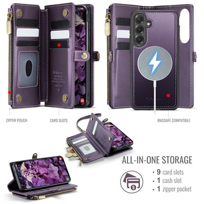 Defencase for Galaxy S25 Case Wallet Compatible with Magsafe 6.2", Purple | Magnetic Detachable, with RFID Bolcking Card Holder, Zipper Strap, PU Leather Drop-Proof Phone Cover for Samsung Galaxy S25 - color: (Detachable with Magsafe)-Purple