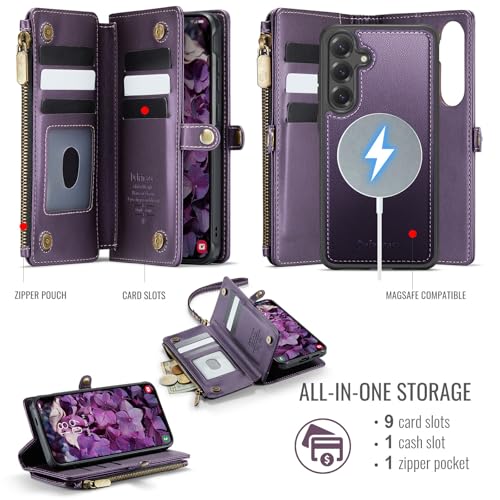 Defencase for Galaxy S25 Case Wallet Compatible with Magsafe 6.2", Purple | Magnetic Detachable, with RFID Bolcking Card Holder, Zipper Strap, PU Leather Drop-Proof Phone Cover for Samsung Galaxy S25 - color: (Detachable with Magsafe)-Purple