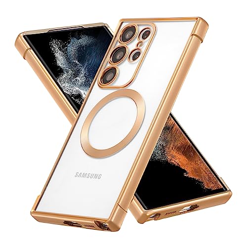 RALEAVO Magnetic Case for Samsung Galaxy S25 Ultra Clear Case Cover [Compatible with Magsafe & Military Grade Drop Protection] Transparent Shockproof Slim Plated Phone Cover - Gold - color: Gold, size: S25 Ultra