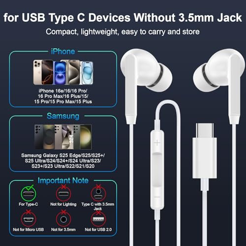 for iPhone 18 17 16 Headphones Wired Earbuds, USB C Earbuds Wired Ear Buds - color: White