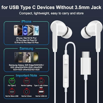 for iPhone 18 17 16 Headphones Wired Earbuds, USB C Earbuds Wired Ear Buds - color: White