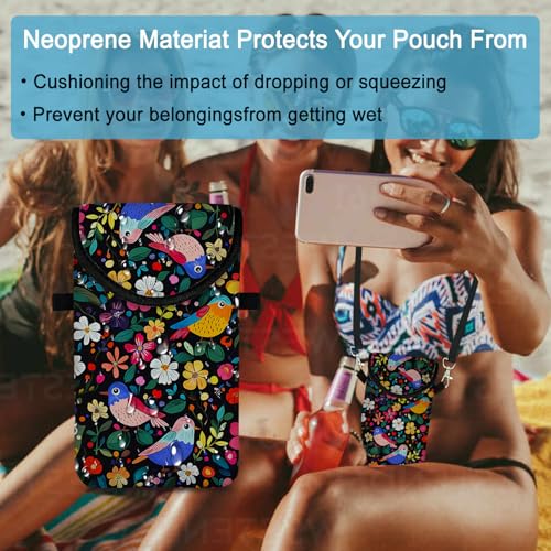 Neoprene Cell Phone Sleeve Pouch Case Bag with Crossbody Strap Neck Lanyard for Women 7.5 X 4.3 in Flower Bird - color: Flower Bird 1