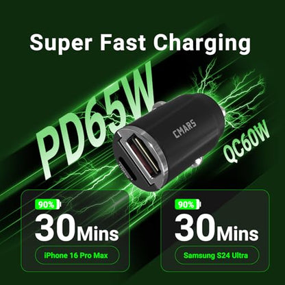 CMARS 65W+60W Cigarette Lighter Adapter,for iPhone 16 car Charger USB C/A,Fast Charging for iPhone,Car Phone Charger Dual Port for iPhone 16/15/14/13/12 Series and Samsung/Other Android Devices Black