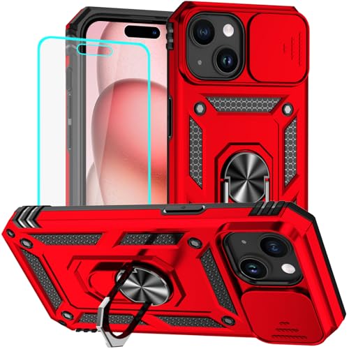 HNHYGETE for iPhone 15 Case with HD Screen Protector: [Military Grade 20ft. Drop Tested] Ring Shockproof Protective Phone Case for - iPhone 15 Red - color: Red, size: iPhone 15