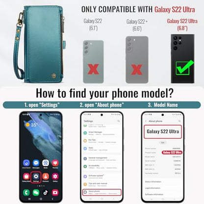 Defencase for Samsung Galaxy S22 Ultra Wallet Case with Card Holder, Green | Durable PU Leather, with RFID Blocking Zipper Pocket, Wrist Strap, S22 Ultra Flip Phone Cases Cover with Stand for Women Men - color: Elegant Blue Green