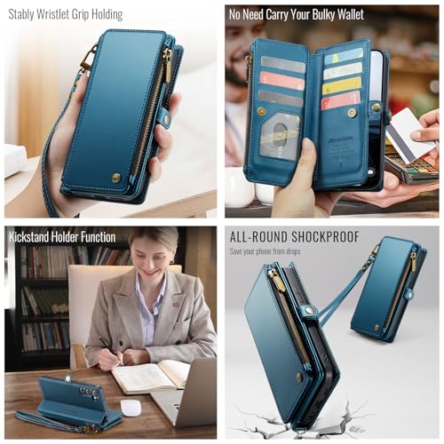 Defencase for Samsung Galaxy A16 5G Wallet Case with Card Holder, Dark Blue | RFID Blocking, Zipper Pocket, Durable PU Leather, Wrist Strap, Fashion Snap Flip Phone Cases Cover with Stand for Women Men - color: Dark Blue