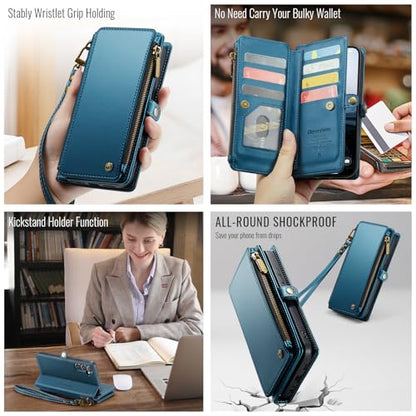 Defencase for Samsung Galaxy A16 5G Wallet Case with Card Holder, Dark Blue | RFID Blocking, Zipper Pocket, Durable PU Leather, Wrist Strap, Fashion Snap Flip Phone Cases Cover with Stand for Women Men - color: Dark Blue