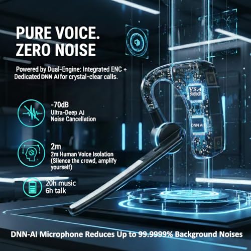 Bluetooth Headset Wireless Headphones Over Earbud Hook with Long Mic
