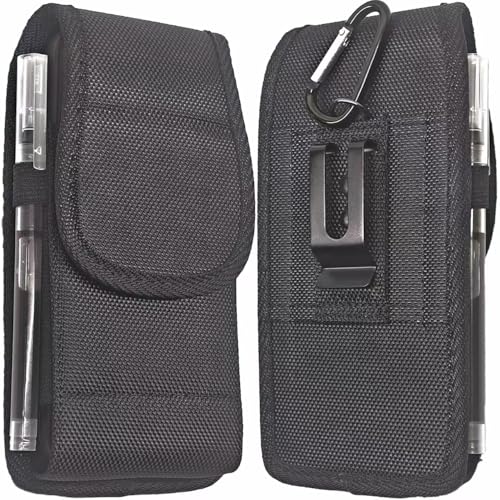 DpS Holster for iPhone 16e 16 15 14 13 12 & Pro Models, Galaxy S25, S24, S23, S22 Phone Belt Holder Case with Clip, Rugged Nylon Carrying Pouch w Card Holder (Fits Otterbox Cover on),Black (Medium) - size: Medium