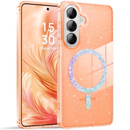 BENTOBEN Magnetic for Samsung Galaxy S26 Case 2026, Cute Clear Sparkly Glitter Anti-Yellowing Slim Bumper Compatible with Magsafe Shockproof Protective Transparent Phone Cover 6.3", Clear Orange - color: Clear Orange, size: for Galaxy S26 (6.3 inch)