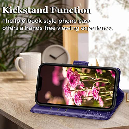 for iPhone 13 Pro Case Wallet for Women,Purple | Flip Folio Butterfly Embossed PU Leather Kickstand Credit Card Holder Slots Magnetic Wrist Strap Phone Cover - color: Purple