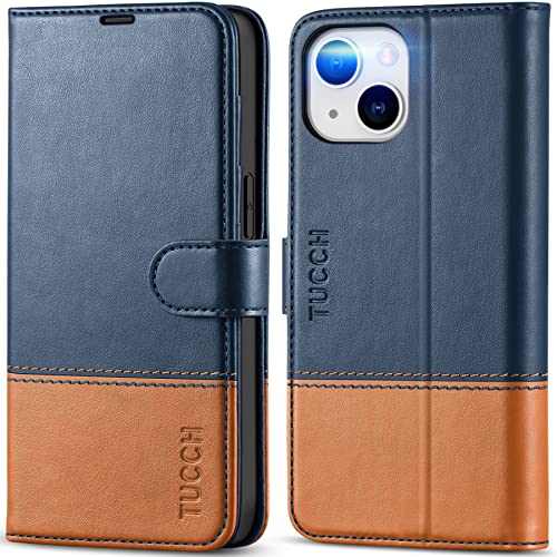 TUCCH Case Wallet for iPhone 14 6.1", RFID Blocking Folio, Blue & Brown | 4 Card Holders, Kickstand, PU Leather, Magnetic Closure, Shockproof TPU Shell, Protective Flip Cover - color: Dark Blue & Brown