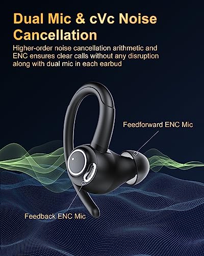 Wireless Earbuds, Bluetooth 5.4 Headphones Sport Over Ear Buds With ENC Mic - color: Black