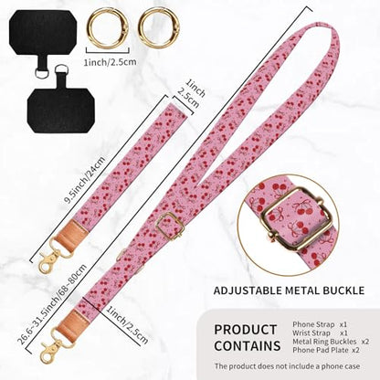 Phone Lanyard Crossbody Wrist Strap, Universal Adjustable Neck Strap for Phone Case Keys ID Badges, Travel Essential - color: Pink Red Cherry