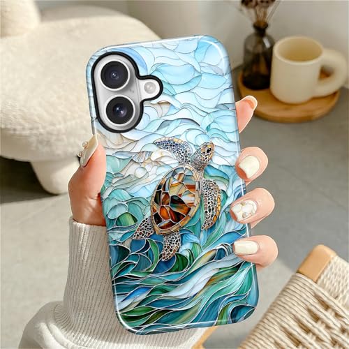Case Compatible with iPhone 17, Cute Dual Layer Hybrid Phone Cover, Military Grade Drop Protection, Aesthetic Shockproof Phone Case for Women Girls, Stained Glass Sea Turtle - color: Stained Glass Sea Turtle, size: Iphone 17