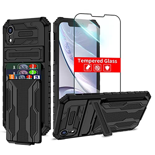 for iPhone XR Wallet Case with Card Holder, Black | Detachable Card Holder, Built-in Kickstand, with Screen Protectors, Military Grade, Full Body Shockproof - size: for iPhone XR - 6.1''