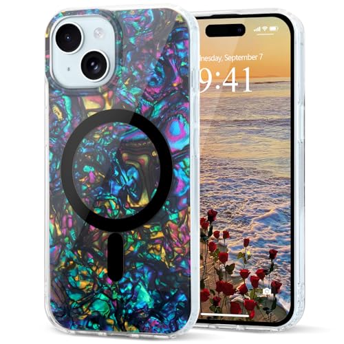 for iPhone 15 Cute Girly Women Case Sparkle Seashell,Black | Compatible with Magsafe Slim Colorful Sparkle Seashell Pattern Translucent Cover Soft TPU Protective Magnetic Bumper Case - color: Black, size: iPhone 15
