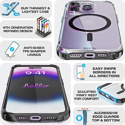 REBEL Clear Case for iPhone 14 Pro [Crystal Series Gen-4] Strong MagSafe Compatible, Anti-Scratch, Non-Yellowing, Protective Shockproof Bumpers, Metal Buttons, 6.1 in Phone Cover 2023 (Crystal Black) - color: Crystal Black, size: iPhone 14 Pro